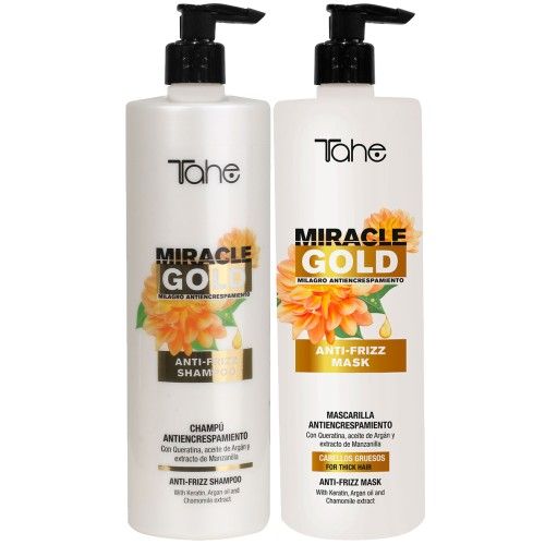 Sada šampon + maska na jemné vlasy Miracle gold proti krepatění (1000+1000 ml) TAHE